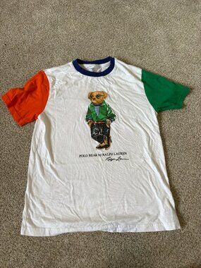 Polo Ralph Lauren Teddy Bear T-Shirt Size M White with Colourful Sleeves Preppy